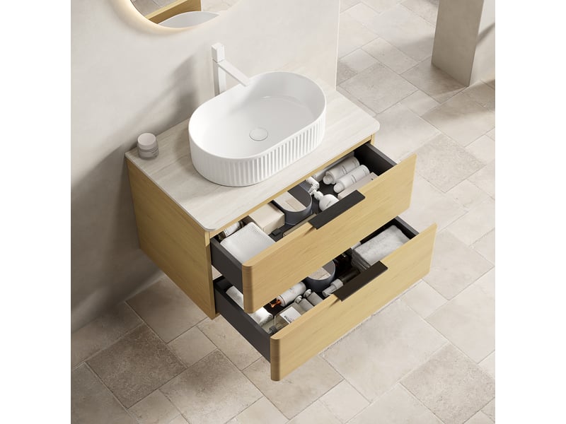  Meuble sous vasque avec 2 tiroirs et vasque ovale en céramique, plateau en pierre frittée, salle de bain, beige et chêne  - Conforama B