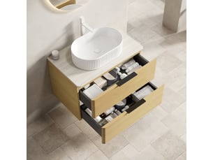 Meuble sous vasque avec 2 tiroirs et vasque ovale en céramique, plateau en pierre frittée, salle de bain, beige et chêne