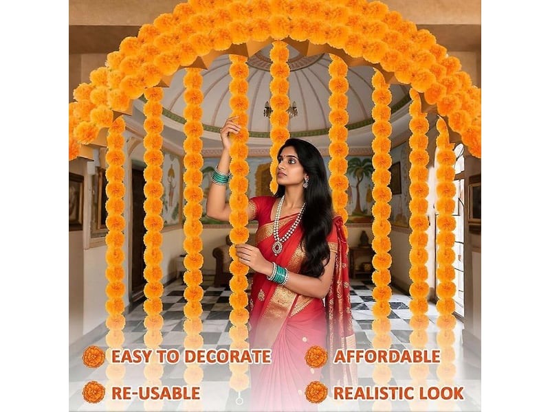 Guirlande de 5 œillets d'inde décoratifs, 1,5 m d'œillets d'inde artificiels, décorations de diwali pour la maison, fleurs orange. - Conforama E