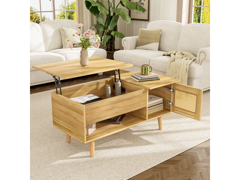  Table basse 103x50x46 cm, plateau relevable, grand rangement, portes effet rotin, design moderne pour salon et séjour - bois  - Conforama D