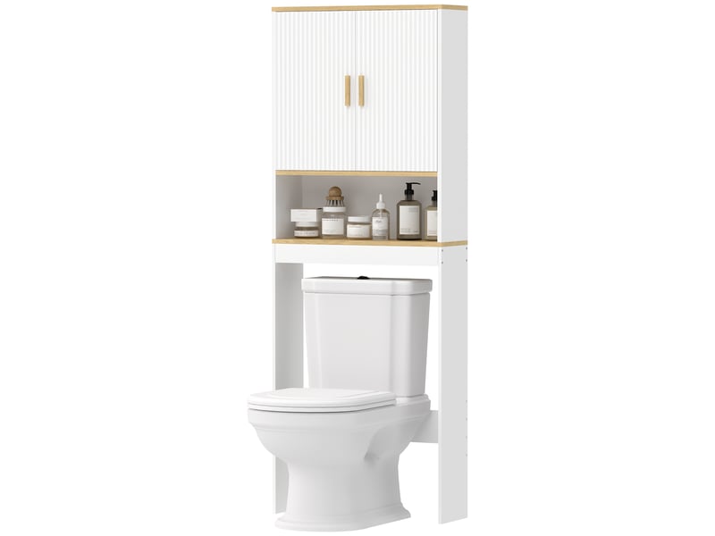  Étagère de salle de bain à 3 niveaux à poser au-dessus des toilettes, avec étagère ouverte, 2 portes et étagère réglable, 64 x 20 x 170,5 cm, blanche  - Conforama B