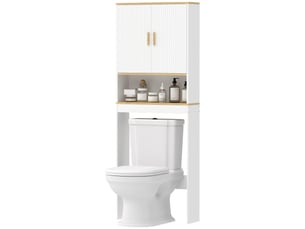 Étagère de salle de bain à 3 niveaux à poser au-dessus des toilettes, avec étagère ouverte, 2 portes et étagère réglable, 64 x 20 x 170,5 cm, blanche
