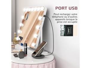 Miroir maquillage lumineux led intensité réglable miroir port grossissant de charge usb, rotation à 360° 63 x 50 cm