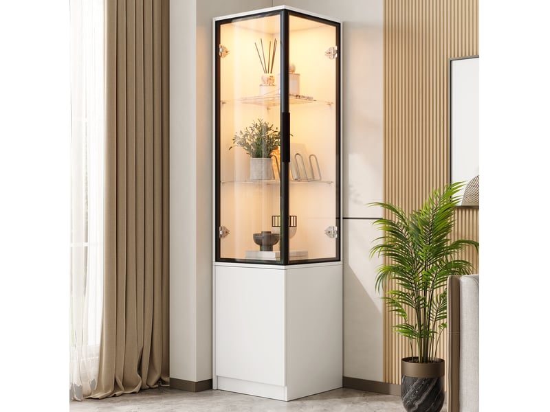 Vitrine d'angle avec led commandée par application, portes vitrées et rangement fermé, blanc, 40 × 40 × 160 cm - Conforama B