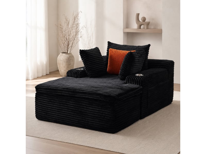  Méridienne pliable en mousse haute densité avec porte-gobelets  - coussins, velours côtelé noir  - Conforama B