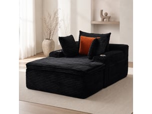Méridienne pliable en mousse haute densité avec porte-gobelets  - coussins, velours côtelé noir