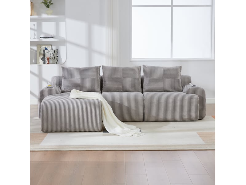Canapé modulable 3 places avec pouf en velours côtelé gris clair, porte-gobelet et poche latérale - Conforama C