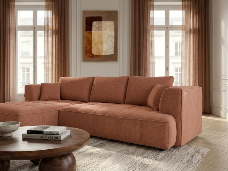 Bobochic canapé d'angle convertible avance-recule électrique clovis tissu lisse orange  angle gauche CLOVIS - Conforama D