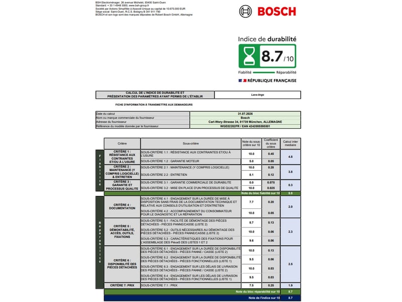 Bosch - bosch. Lave-linge. Ser2. Classe énergie a. 7.0 kg. 1.200 rmin. Affichage led. Touches tactiles. Blanc. Dimensions (hxlxp. Porte fermée) : 84.80 cm x 59.80 cm x 61.00 cm wge02202fr - WGE02202FR - Conforama C