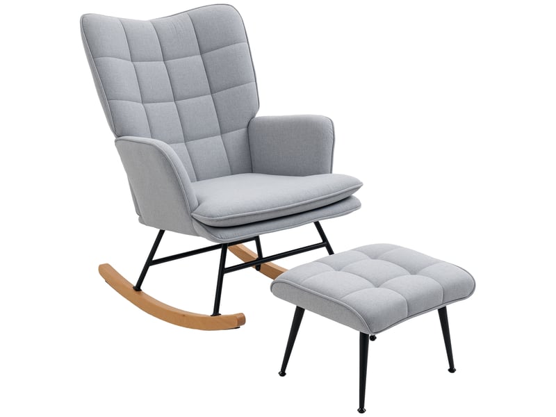  Fauteuil à bascule avec repose-pieds, design scandinave, bois de hêtre, matelassé, 64 cm x 89 cm x 90 cm, gris  - Conforama A