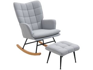 Fauteuil à bascule avec repose-pieds, design scandinave, bois de hêtre, matelassé, 64 cm x 89 cm x 90 cm, gris
