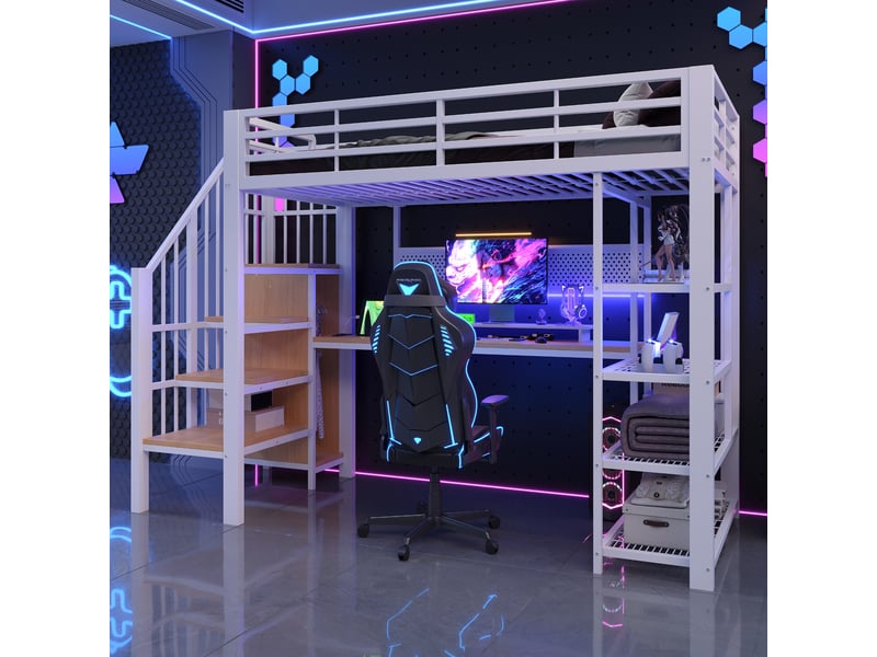  Lit mezzanine 90x200 cm, lit enfant, bureau, panneau perforé, barrière antichute, led, bois et métal blanc  - Conforama C