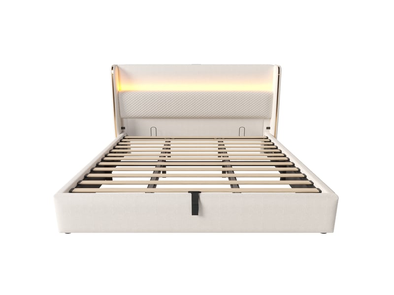  Lit double hydraulique 180x200 cm en aspect lin avec rangement, led, usbtype-c et matelas beige chicfurn  - Conforama E