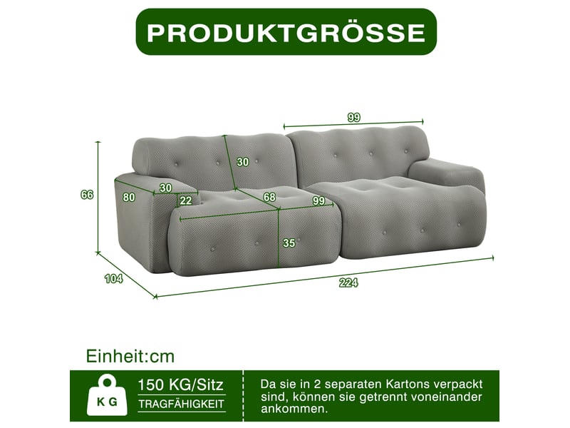  Canapé 2 places gris en tissu 3d, 224 x 104 x 66 cm  - Conforama E