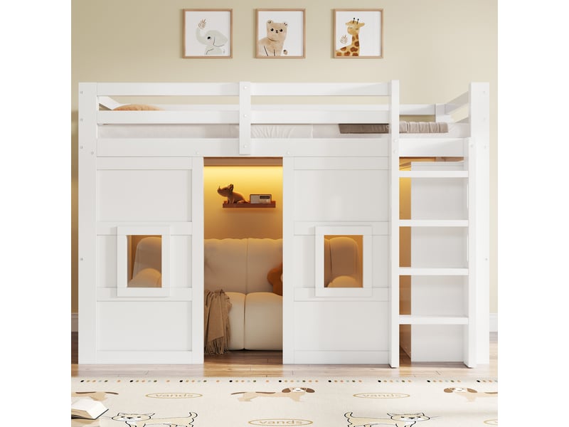  Lit mezzanine 90x200 cm avec armoire intégrée réversible, 2 fenêtres et led multicolore, lit enfant gain de place avec garde-corps, pin et mdf blanc  - Conforama C