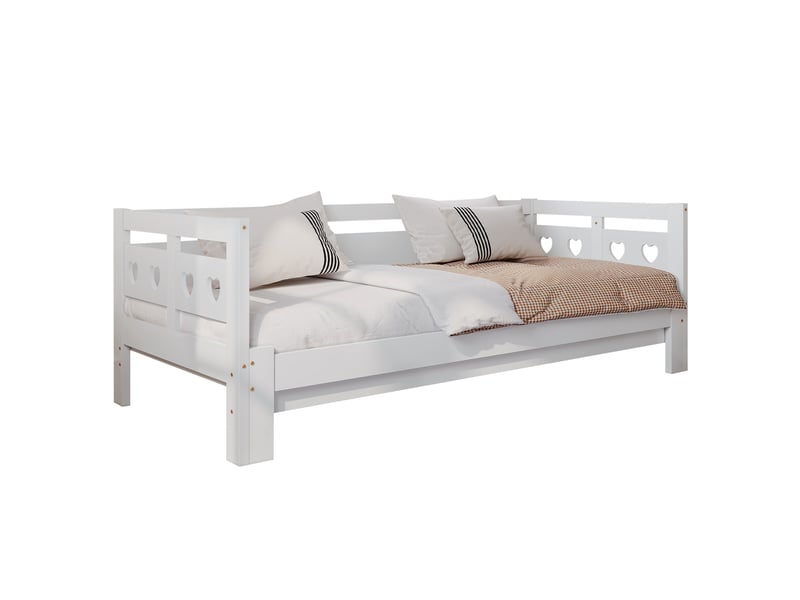  Lit gigogne 90 × 190 cm 2 places avec 2e couchage et design coeur, sans matelas, en bois, blanc  - Conforama A
