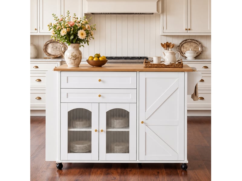  Îlot de cuisine mobile 110x70x99 cm plateau rabattable panneau de particules blanc et naturel  - Conforama E