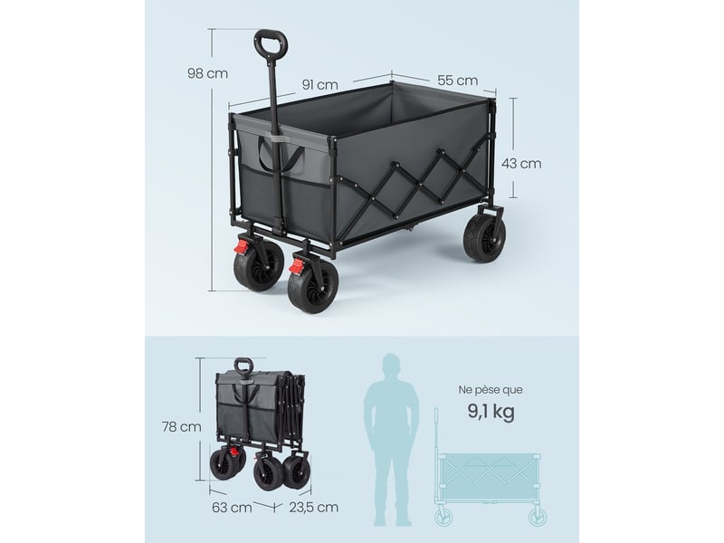 Chariot de transport pliable extérieur jardin 55 x 91 x 98 cm capacité 200 l 4 roues robustes en plastique gris tourterelle 12_0012791  - Conforama B