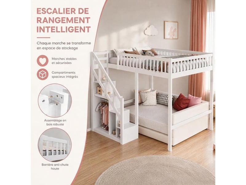  Lit mezzanine enfant 90x200 cm avec escalier de rangement, lit surélevé avec sommier et barrière, lit avec rangement, cadre de lit, bois massif, blanc, matelas non inclus  - Conforama D