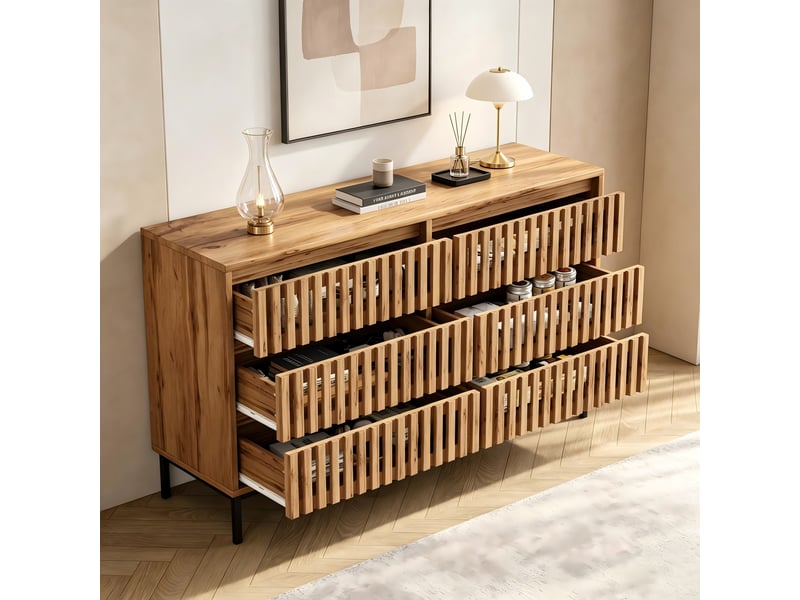  Commode 6 tiroirs à lattes pour chambre en mdf et panneaux de particules 120×40×81 cm naturel  - Conforama C