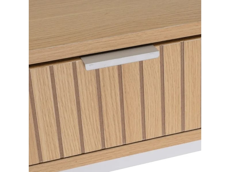 Table console meuble d'entrée effet bois clair en structure métalique blanche à 2 tiroirs à façades rainurées - longueur 100 x profondeur 30 x hauteur 75 cm  - Conforama D