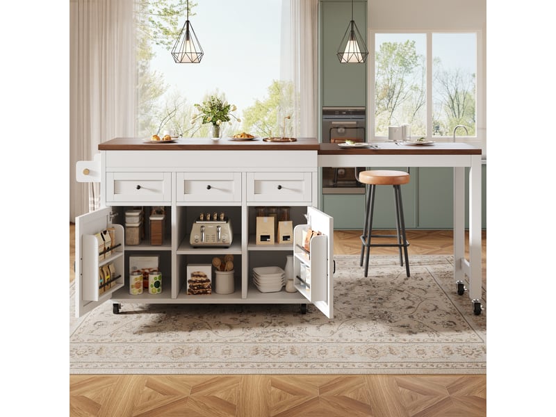  Îlot central cuisine blanc, table de bar extensible (131-210cm) et pivotante 360° avec rangement et tiroirs.  - Conforama E