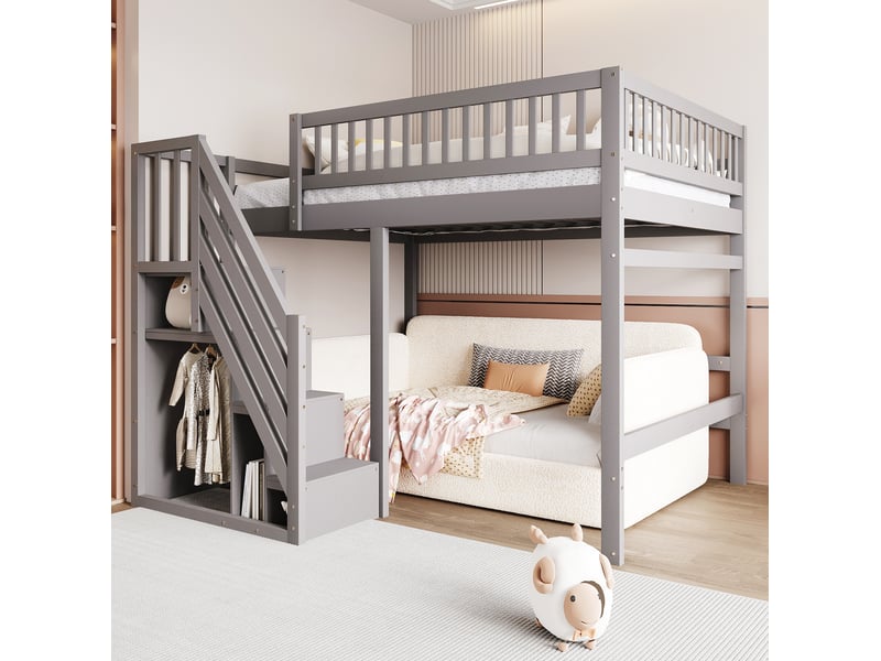 Lit mezzanine enfant 140x200 cm – gris – escalier avec rangements intégrés et garde-corps haut – sans matelas  - Conforama B