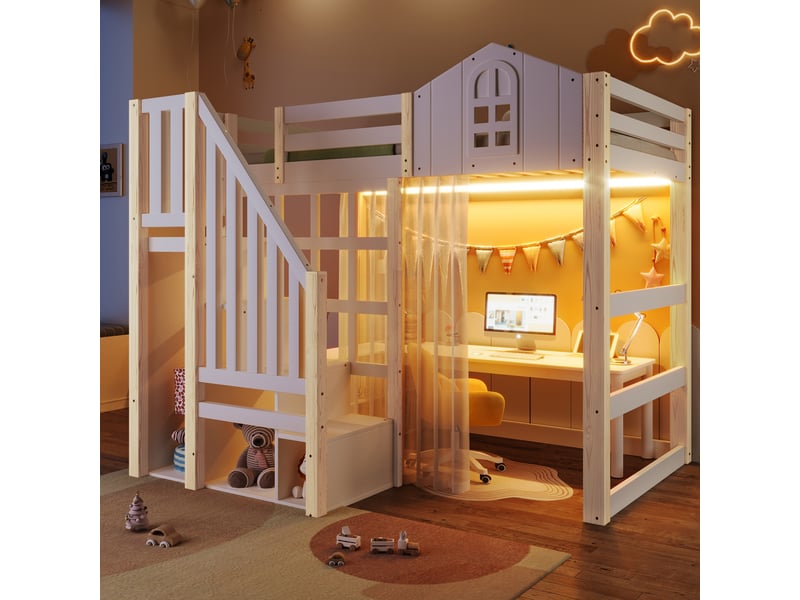 Lit mezzanine cabane 90x200 cm avec led, escalier à rangements, lit surélevé avec fenêtre et voilage, pin et mdf, blanc et naturel - Conforama C