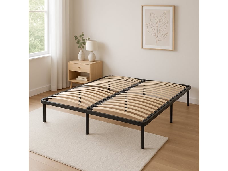 Sommier 180x200 cm cadre à lattes renforcé soutien réglable noir - 29 cm haut - épaisseur métal 1,4 mm - 34 lattes 9 mm épaisseur - largeur 3,5 cm - cadre à latte anya - Conforama B