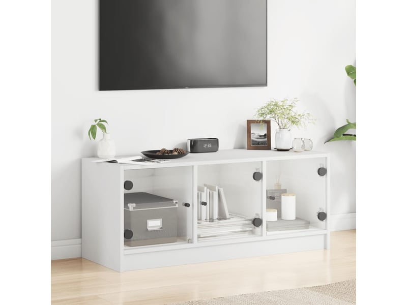  Meuble tv - banc tv - meuble de rangement avec portes en verre blanc 102x37x42 cm  - Conforama C