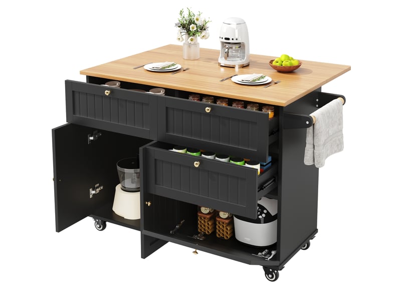 Desserte de cuisine noire en mdf avec plateau rabattable, roulettes et rangement - Conforama A