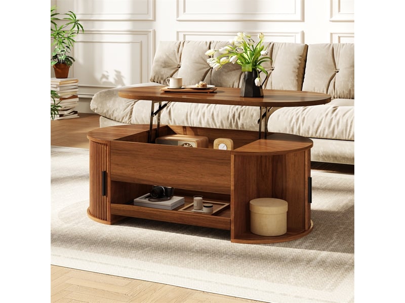  Table basse ovale relevable – 110 x 55 x 38 cm – plateau relevable &amp; tablette coulissante – mdf - noyer  - Conforama B