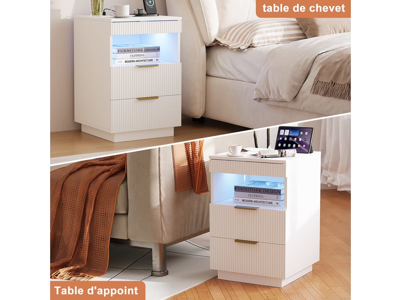  Table de chevet style luxe blanc à texture cannelée 60×40×40 cm, 2 tiroirs avec tiroir caché, éclairage led rgb, station de charge prises secteur, usb‑a et usb‑c, compartiment de rangement ouvert  - Conforama C