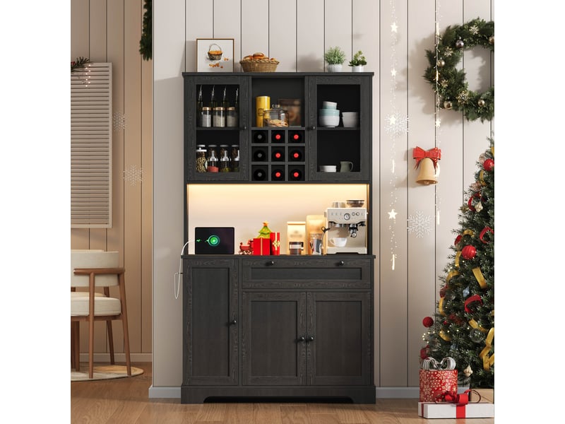  Vitrine de cuisine haute avec led et prise, armoire de rangement avec range-épices et étagères réglables, buffet vaisselier, 180 × 105 × 40 cm, noir CARDUME ESTIVAL - Conforama B