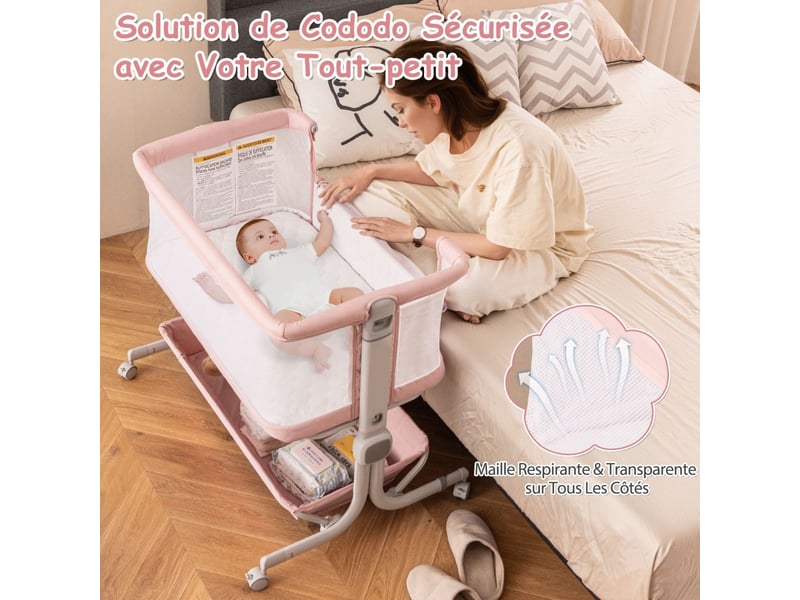  Costway lit cododo bébé pliable, hauteur réglable, matelas, inclinaison &amp; 2 sangles, roues avec frein (rose)  - Conforama B