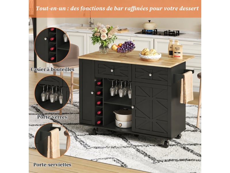 Îlot de cuisine avec plateau rabattable, 5 roulettes, rangements, 120 x 45-70 x 89 cm, noir - Conforama C