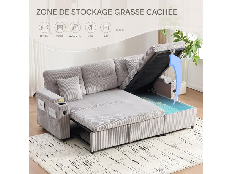  Canapé d'angle convertible 3 places en velours côtelé gris clair W2845S00263 - Conforama E