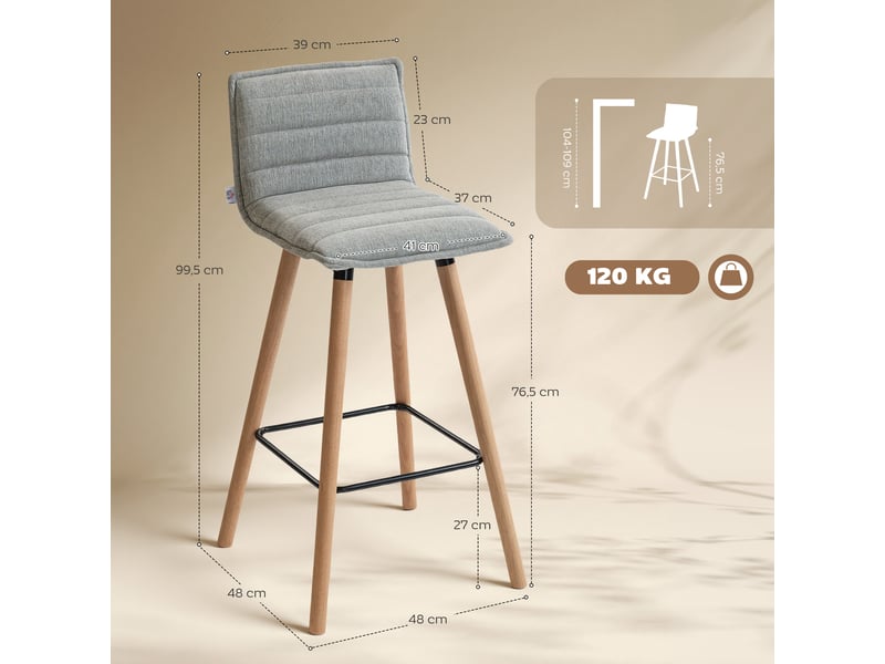  Lot de 2 tabourets de bar, chaises de bar, assise rembourrée, dossier et repose-pieds, 48 x 48 x 99,5 cm, gris  - Conforama E