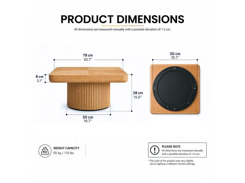  Table basse carrée 78x78x38 cm, pied cylindrique cannelé, plateau épais arrondi, à associer par deux, bois massif et mdf - bois naturel  - Conforama E