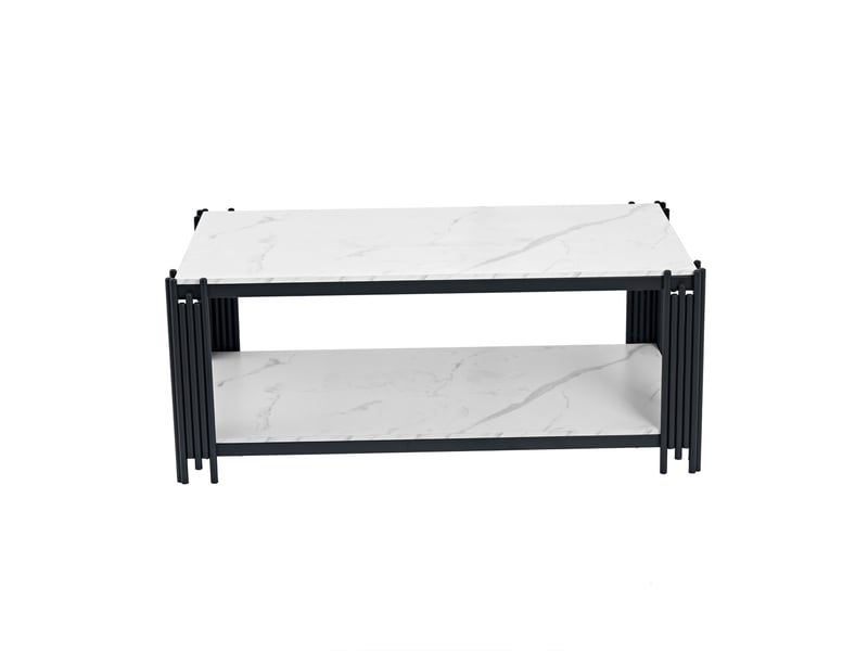 Table basse avec 2 étagères pour salon en mdf et métal effet marbre 114×64×46 cm blanc et noir - Conforama A