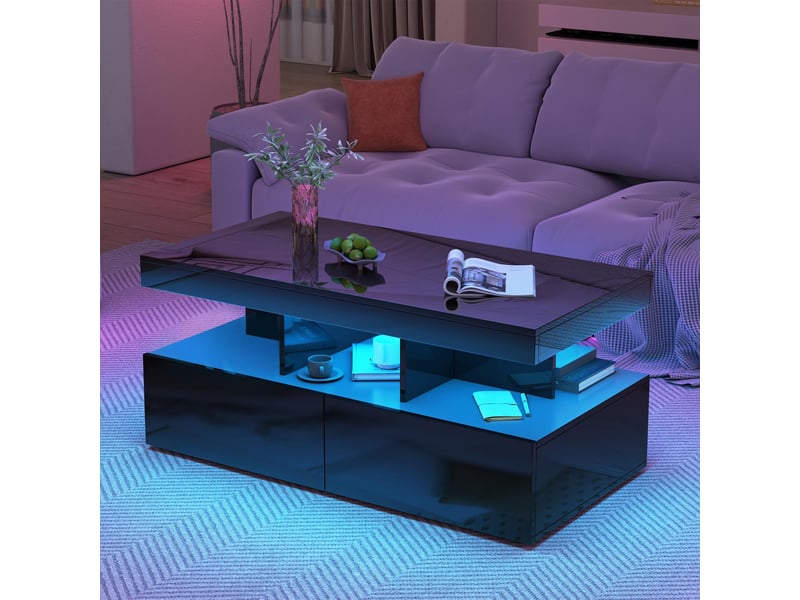 Table basse laquée noire – éclairage led rgb – 2 tiroirs extra-larges – plateau à plusieurs niveaux – grand espace de rangement - Conforama E