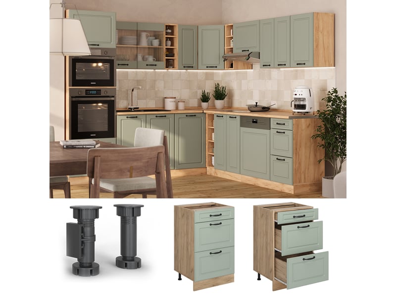  Vicco meuble cuisine, mint campagnechêne doré, 50cm plan de travail marbre  - Conforama D