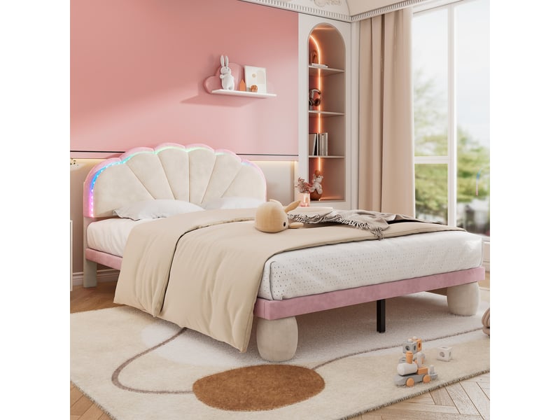  Lit enfant rembourré 140x200 cm avec led multicolore, tête de lit festonnée, sommier à lattes en bois et pieds ronds, velours, beige et rose  - Conforama B