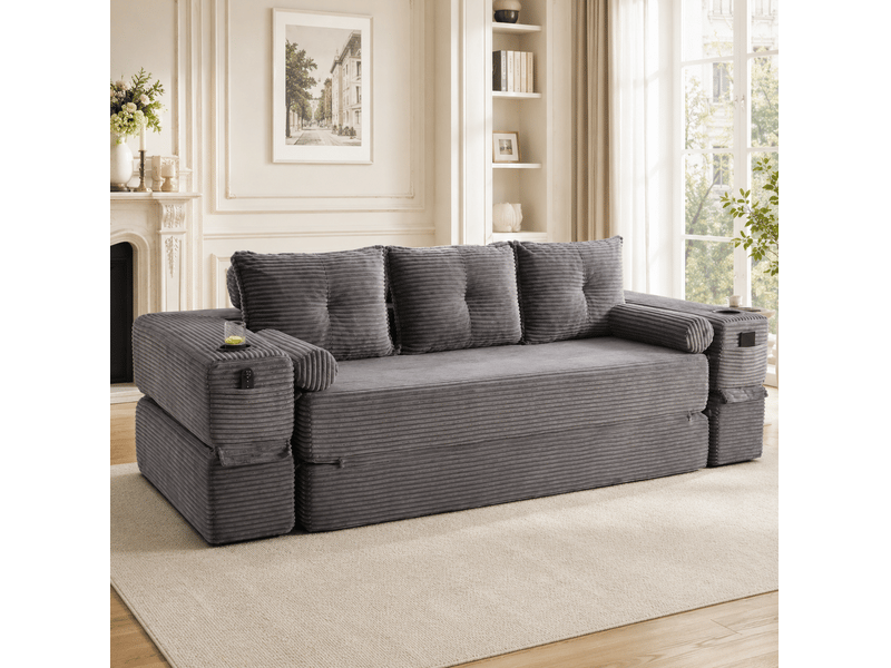 Canapé convertible 3 places avec ressorts, poches et porte-gobelet, en velours côtelé gris foncé 232 × 98 × 80 cm - Conforama C