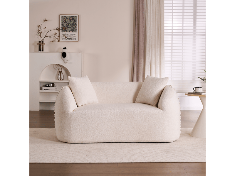  Canapé compressé 2 places 155x90x67 cm sans montage, sans structure, accoudoirs avec lacets, 2 coussins, mousse, tissu chenille blanc crème  - Conforama C