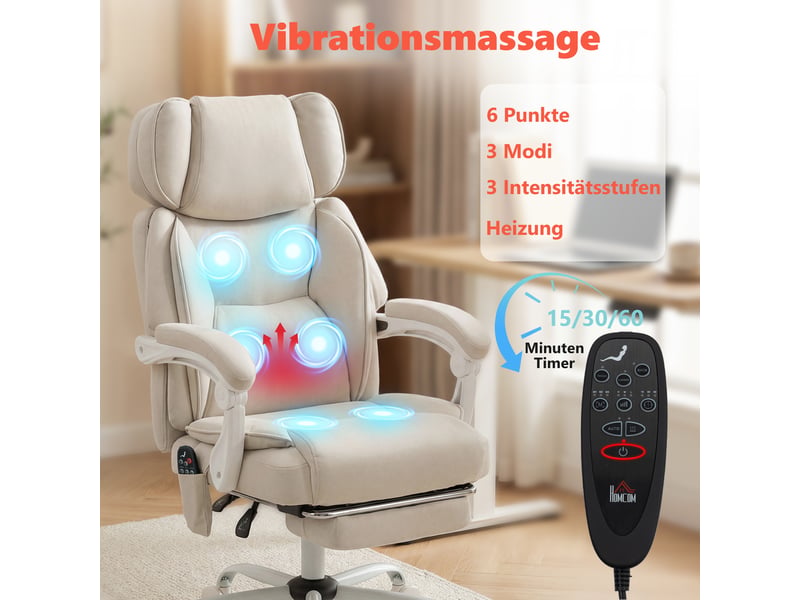 Fauteuil de bureau à dossier haut avec fonction massage vibrant et chauffage, ergonomique, inclinable, avec repose-pieds, blanc crème - Conforama E