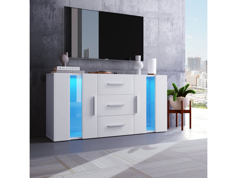  Buffet tv led design - 140cm - 16 couleurs rgb - 3 tiroirs - verre trempé - support 55 pouces  - Conforama R