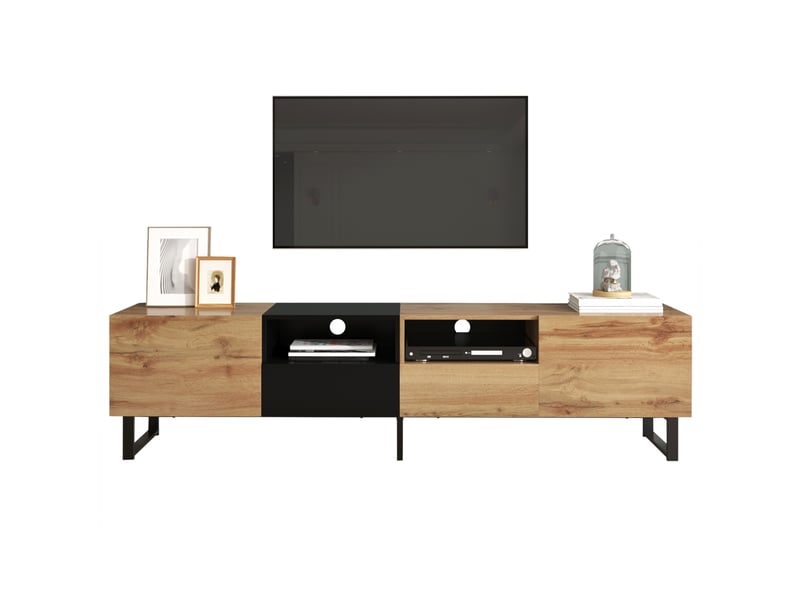  Meuble tv noir et bois, grand espace de rangement, structure robuste, design moderne pour salon  - Conforama A
