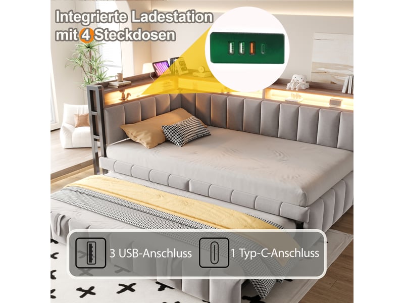  Lit d'appoint 90x200cm, couchage escamotable, éclairage led, étagères et ports usb type-c, velours gris clair  - Conforama E