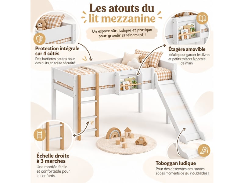 Lit mezzanine enfant 90x200 cm avec toboggan et étagère amovible, lit surélevé avec garde-corps, en pin et mdf, blanc et naturel - Conforama E